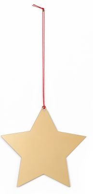 Goldener Vitra Stern Ornament mit roter Kordel, Weihnachtsdeko für den Christbaum und festliche Dekoration.